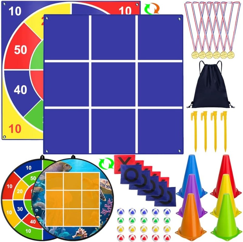 Actgan Carnival Games Set, Giant Tic Tac Toe Games, 4ft x 4ft Double-Sided, 26" Dart Board with Sticky Balls, Soft Plastic Cones Ring Toss Game Set for Kids Adults Family Outdoor Lawn Yard Birthday Party - Image 1